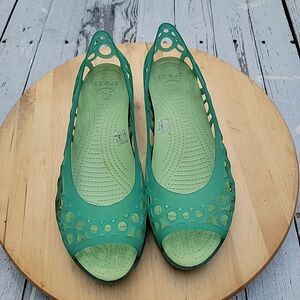 CROCS Womens Adrina III Flat Size 11 Green Slip On Sandal Shoe Cutouts Peep Toe